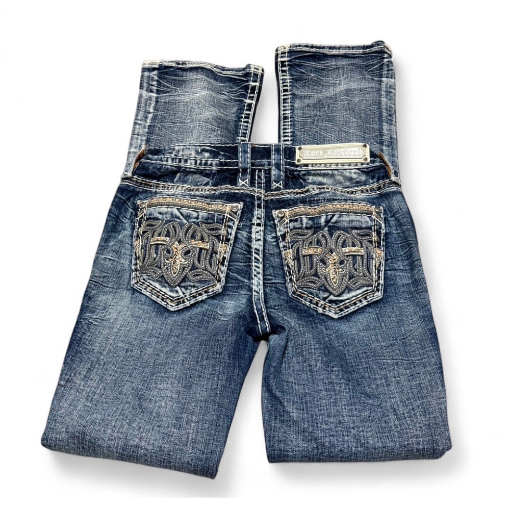 Rock Revival Rosalie Jeans Womens 26 Bootcut Flap Pocket Rhinestone Distressed